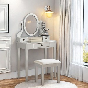 NicBex Vanity Desk with Mirror 30" Vanity Table with Oval Mirror, British Style Wood Makeup Vanity with 3 Drawer and 1 Upholstered Stool - 1 of 4