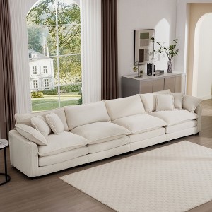 Modern Upholstered 4 Seater Fabric Sofa with Comfortable Back Cushions, Seat Cushions and Pillows, Light Beige Corduroy Sofa , - 1 of 4