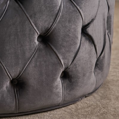 Gray Velvet Tufted Round Ottoman with Button Detailing
