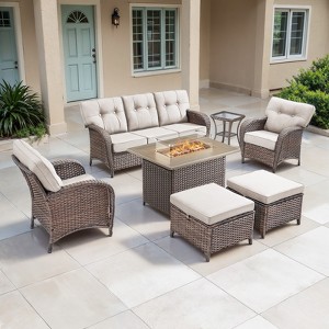 Belord Outdoor All Weather Wicker Patio Furniture Set, 7 Pieces Brown Wicker Patio Furniture Sofa Set with Propane Firepit Table - 1 of 4