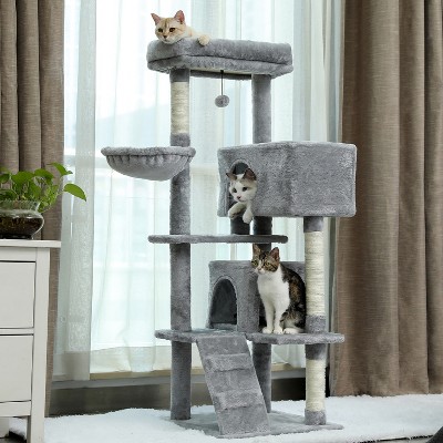 DOMETOUR Multi-Functional 56.2"H Cat Tree Cat Climbing Frame, Cat Tower with Scratching Post/2 Condos/Top Perch/Hammock/Ladder/Dangling Ball