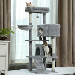 DOMETOUR Multi-Functional 56.2"H Cat Tree Cat Climbing Frame, Cat Tower with Scratching Post/2 Condos/Top Perch/Hammock/Ladder/Dangling Ball - 1 of 4