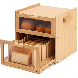 MOEPISY Double Layer Bread Box for Kitchen Countertop, Bamboo Breadbox with Slicer - 1 of 4