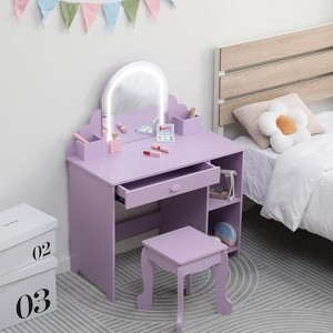 Kids Vanity with Lighted Mirror, 2 In 1 Little Girls Vanity Table & Stool, Kids Makeup with Drawer & Open Shelves for 3-9 Yrs Girls - 1 of 4