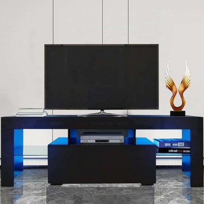 LIVAREEmlen LED TV Stand for Televisions up to 55 Inchs,Glass Shelf and High Glossy UV Front Face, Tv Console Table for Living Room,Bedroom,Black