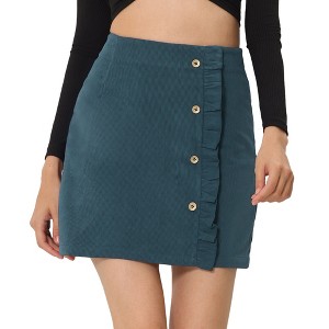 Allegra K Women's Corduroy Vintage Button Decor Ruffled Trim High Waist Mini Skirt - 1 of 4