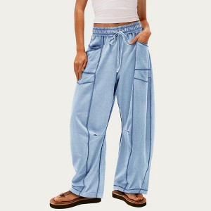 Anna-Kaci Women’s Soft Wide Leg Pants with Cargo Style Seam Detailing Adjustable Drawstring Waistband and Relaxed Stretch Fit - 1 of 3