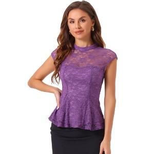 INSPIRE CHIC Women's Mock Neck Cap Sleeve Crochet Lace Peplum Blouse - 1 of 4