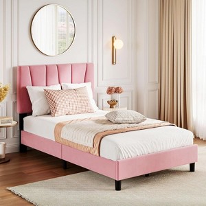 Homhougo Twin Size Bed Frame with Adjustable Headboard, Linen Upholstered Twin Platform Bedframe with Strong Wooden Slats, Easy Assembly, Grey - 1 of 4