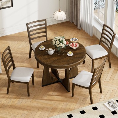 CAVINAS Round Dining Table Set for 4 Retro Dining Set Extendable Table with 16-inch Leaf and 4 Chairs for Kitchen