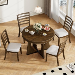 CAVINAS Round Dining Table Set for 4 Retro Dining Set Extendable Table with 16-inch Leaf and 4 Chairs for Kitchen - 1 of 4