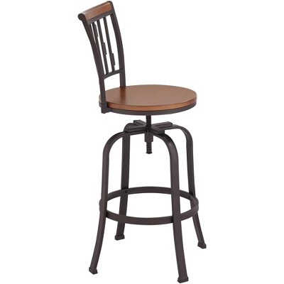 Adjustable Brown Wood and Metal Swivel Bar Stool