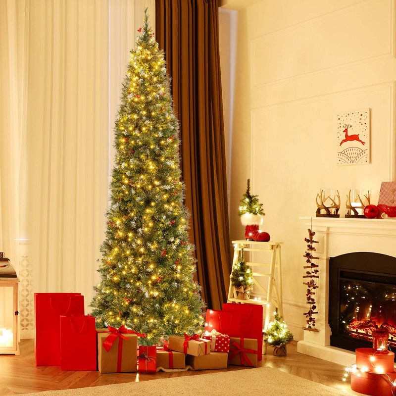 Costway 5 FT Pre-Lit Christmas Tree Slim Pencil Hinged with 200 Lights & 408 Branch Tips, 1 of 11