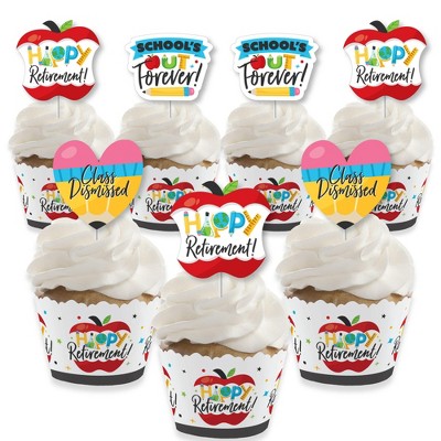 Big Dot of Happiness Teacher Retirement - Cupcake Decoration - Happy Retirement Party Cupcake Wrappers and Treat Picks Kit - Set of 24