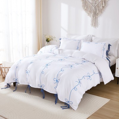 Bow Tie Duvet Cover Set – Romantic French Country Bedding with Butterfly Tie Pillowcases, Soft Breathable Microfiber