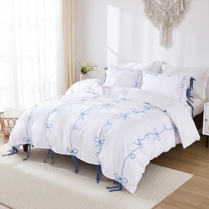Bow Tie Duvet Cover Set – Romantic French Country Bedding with Butterfly Tie Pillowcases, Soft Breathable Microfiber - 1 of 4