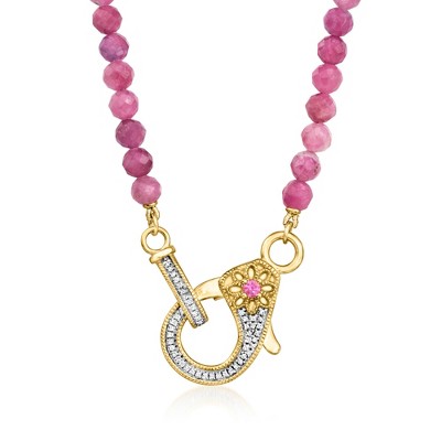 Ross-Simons 45.00 ct. t.w. Pink Tourmaline Bead and .11 ct. t.w. Diamond Lobster Clasp Necklace With Single Rhodolite Garnet in 18kt Gold Over