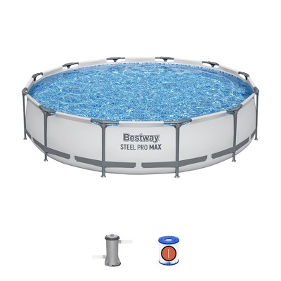 Bestway Steel Pro MAX 12 Foot by 30 Inch Round Above Ground Swimming Pool Set Outdoor Metal Frame Family Pool with Filter Pump, Gray