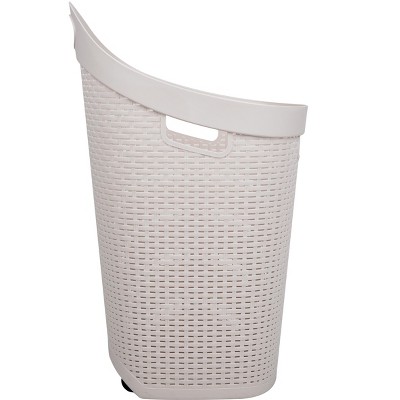 Ivory Wicker-look Plastic Upright Laundry Hamper with Wheels