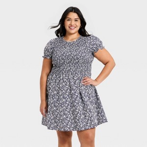 Women's Puff Short Sleeve Smocked Mini Sundress - Universal Thread Navy  Blue Floral XXL : Target
