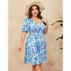 Women's Plus Size Boho Floral V Neck Ruffle Short Sleeve Dress Elastic High Waist A Line Dress - 2 of 4