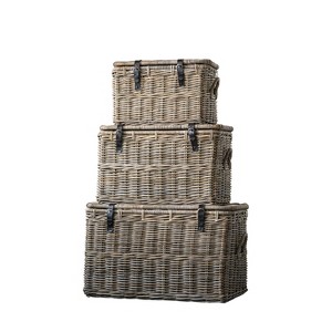 Storied Home Set of 3 Rattan Baskets with Lids and Leather Buckles Brown: Rectangular Woven Organizers, SFI Certified - 1 of 4