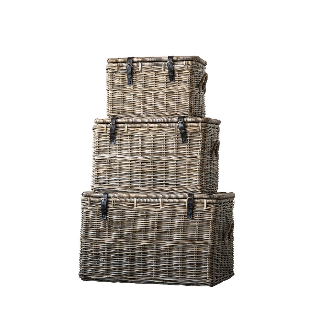 Storied Home Set of 3 Rattan Baskets with Lids and Leather Buckles Brown: Rectangular Woven Organizers, SFI Certified