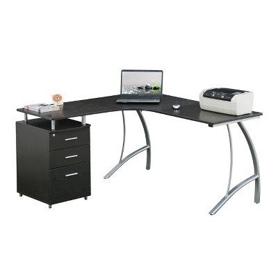 Espresso Wood L-Shaped Corner Desk with Drawer and Keyboard Tray