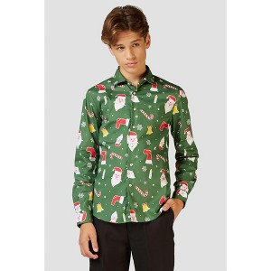 OppoSuits Teen Boys Christmas Shirt - Festive X- Mas Holiday Icons Button Up Dress Shirt - Slim Fit - Green - Long sleeve  - Size 14 Years - 1 of 4