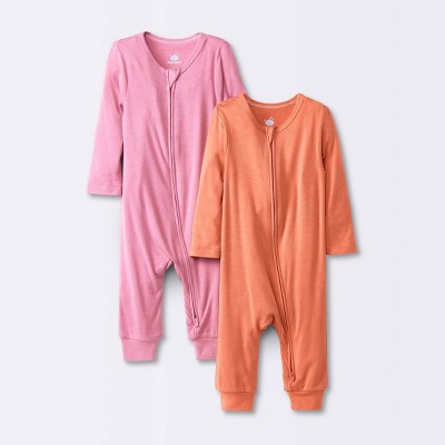 Image of Baby Girls' 2pk Modal Blend Romper - Cloud Island™ Coral Pink 0-3M