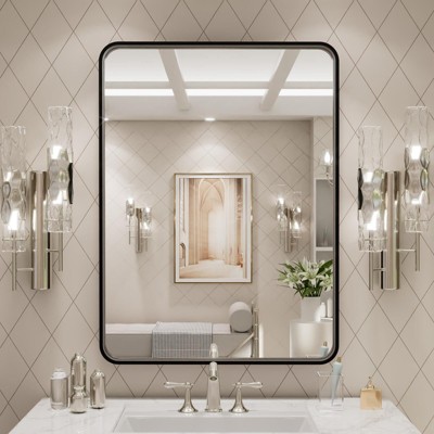 Vynxaria 24x32 Inch Black Aluminium Frame Bathroom Mirror - Modern & Distortion-Free Reflection