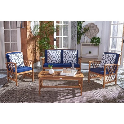 Fontana Natural Acacia Wood 4-Piece Patio Conversation Set with Navy Cushions