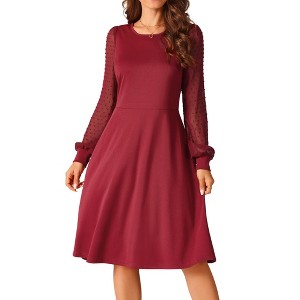 Seta T Women's Lantern Long Sleeve Round Neck Elegant Swiss Dots Work Knee Length Dress - 1 of 4