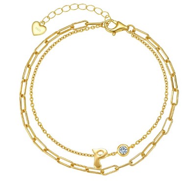 Molenia Initial Bracelet for Women, 925 Sterling Silver 14K Gold Plated Dainty Layered Stackable Paperclip Letter Jewelry Gifts for Wife Mom