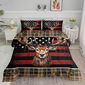 Deer Hunting Comforter Set Twin Size – 3Pcs Rustic Western Bedding with American Flag & Wild Animals, Quilt Set for Boys Men Adults, Brown Yellow Grid - 1 of 4