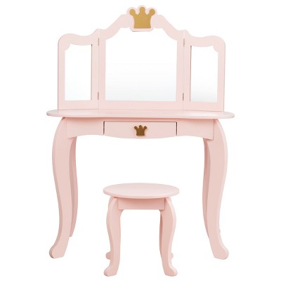 Infans Kids Makeup Dressing Table Chair Set Princess Vanity & Tri-folding Mirror Pink
