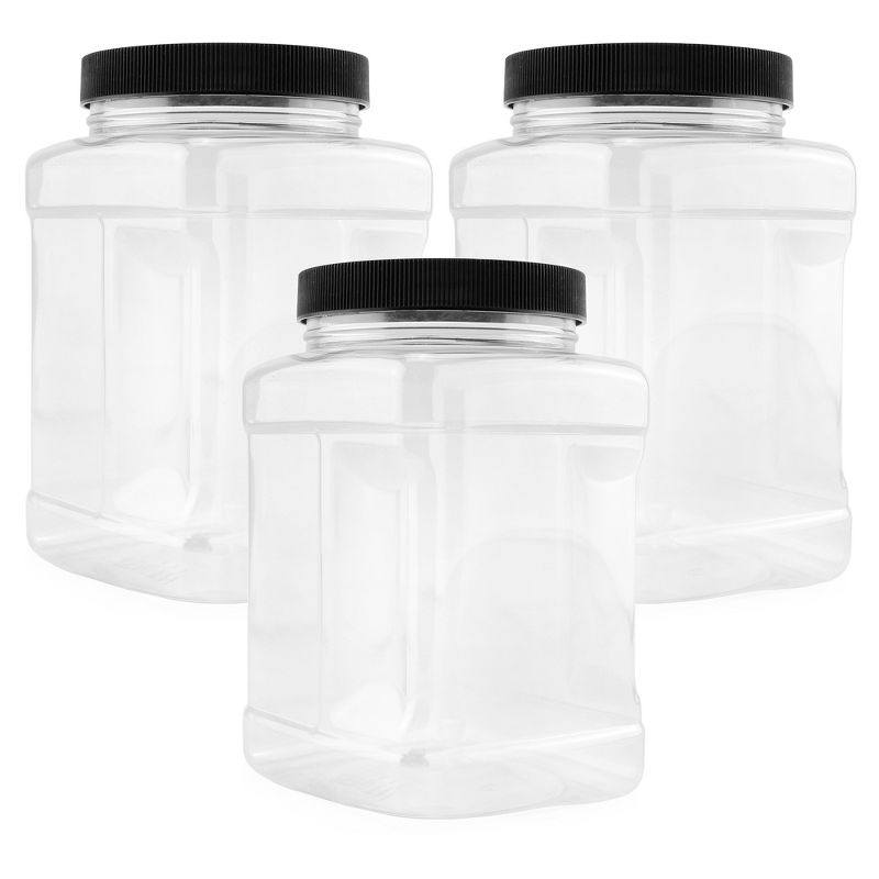 Cornucopia Brands 48oz Square Plastic Jars 3pk; Clear Rectangular 6-Cup Canisters w/ Black Lids, Easy-Grip Side, 1 of 7