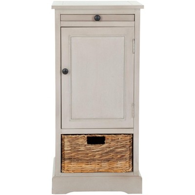 Transitional Vintage Grey Pine Storage Unit with Woven Basket