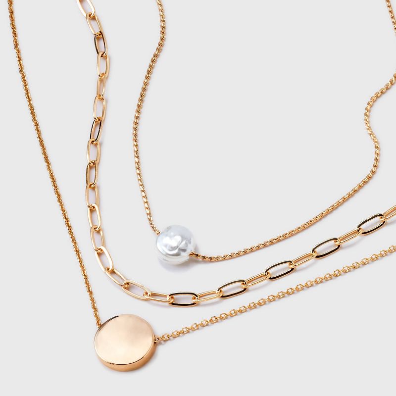 Gold 3 Row With Pearl &#38; Coin Necklace - A New Day&#8482; Gold, 5 of 8
