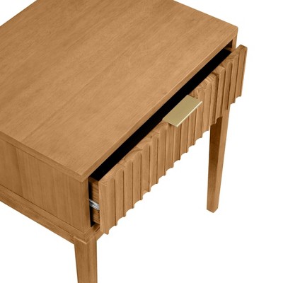 Natural Brown Wood Fluted Drawer Side Table with Brass Handle