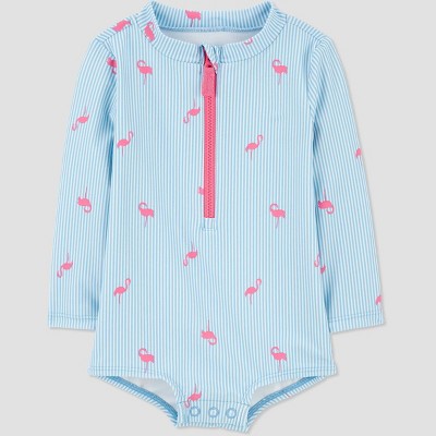 Image of Carter's Just One You®️ Baby Girls' Long Sleeve Striped Flamingo Printed One Piece Swimsuit - Blue 3M