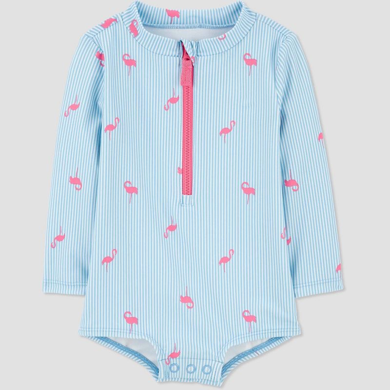 Carter's Just One You®️ Baby Girls' Long Sleeve Striped Flamingo Printed One Piece Swimsuit - Blue, 1 of 7