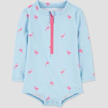 Carter's Just One You®️ Baby Girls' Long Sleeve Striped Flamingo Printed One Piece Swimsuit - Blue
