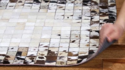 Hand-Stitched Beige & Brown Geometric Cowhide Runner Rug - 2'3" x 7'