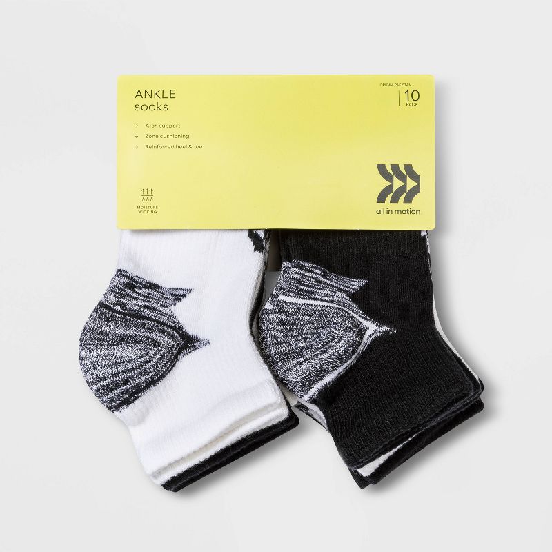 Kids' 10pk Ankle Socks - All In Motion™ Black/White, 2 of 3