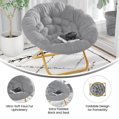 Gray Faux Fur Papasan Chair with Soft Gold Metal Frame