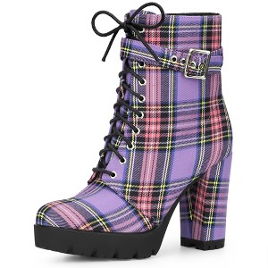 Perphy Women's Platform Lace Up Chunky Heel Plaid Printed Ankle Boots - 1 of 3