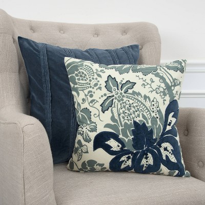 Navy and White Embroidered Cotton Floral Euro Pillow Cover