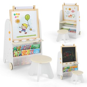 Costway 4-in-1 Kids Art Easel with Stool with Magnetic Whiteboard Chalkboard & Paper Roll Gray/Natural - 1 of 4