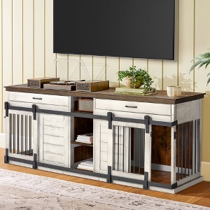 Erommy 84" Wood Dog Crate Furniture Indoor with Divider, Dog Crate End Table with 2 Drawers for Large Breeds, White - 1 of 4